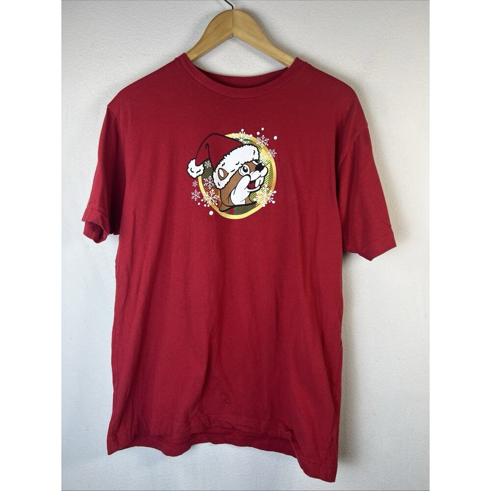 Buc-ees Shirt Mens medium Christmas Red Short Sleeve Beginning look Tee bucees - Picture 2 of 7